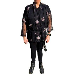 OOAK Jennafer Grace Sheer Black Mesh Embroidered Kimono Wrap Top XL NWOT